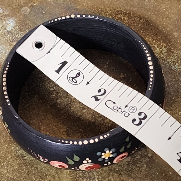 Folk Art Wood Bangle Bracelet Tole Painted Dark Floral Detailed Roses Navy Blue - Picture 7 of 10